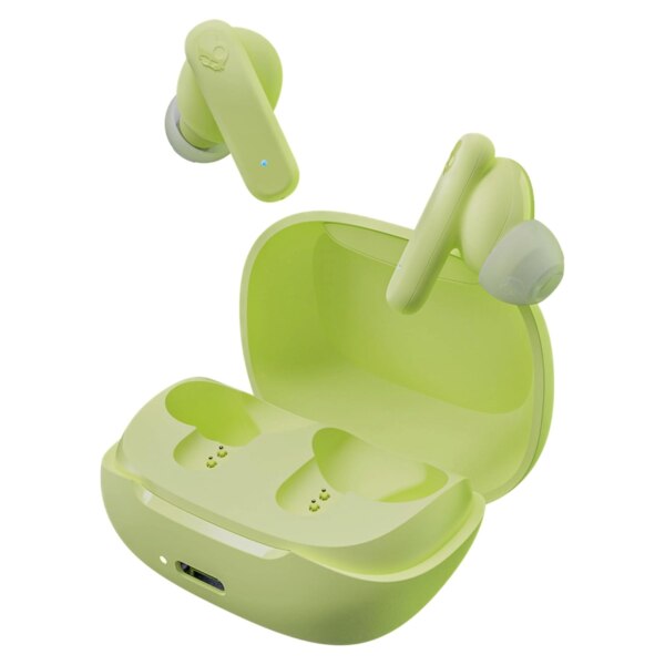 skullcandy earbuds with the charger in a bright green matcha color